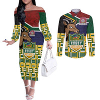 South Africa Rugby Couples Matching Off The Shoulder Long Sleeve Dress and Long Sleeve Button Shirt Go Bokke-Amabokoboko Spirit - Wonder Print Shop