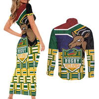 South Africa Rugby Couples Matching Short Sleeve Bodycon Dress and Long Sleeve Button Shirt Go Bokke-Amabokoboko Spirit - Wonder Print Shop