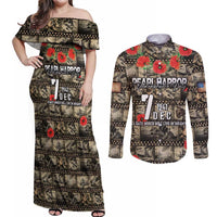 Pearl Harbor Remembrance Day Personalized Couples Matching Off Shoulder Maxi Dress and Long Sleeve Button Shirt Memories of December 7 with Red Poppy Lei - Wonder Print Shop