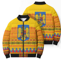 Romania Merry Christmas Bomber Puffer Jacket Romania Emblem Traditional Folk Art - Wonder Print Shop
