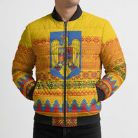 Romania Merry Christmas Bomber Puffer Jacket Romania Emblem Traditional Folk Art - Wonder Print Shop