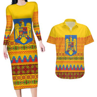 Romania Merry Christmas Couples Matching Long Sleeve Bodycon Dress and Hawaiian Shirt Romania Emblem Traditional Folk Art - Wonder Print Shop