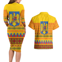 Romania Merry Christmas Couples Matching Long Sleeve Bodycon Dress and Hawaiian Shirt Romania Emblem Traditional Folk Art - Wonder Print Shop