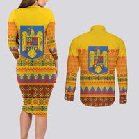 Romania Merry Christmas Couples Matching Long Sleeve Bodycon Dress and Long Sleeve Button Shirt Romania Emblem Traditional Folk Art - Wonder Print Shop