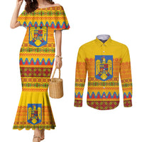 Romania Merry Christmas Couples Matching Mermaid Dress and Long Sleeve Button Shirt Romania Emblem Traditional Folk Art - Wonder Print Shop