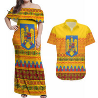 Romania Merry Christmas Couples Matching Off Shoulder Maxi Dress and Hawaiian Shirt Romania Emblem Traditional Folk Art - Wonder Print Shop