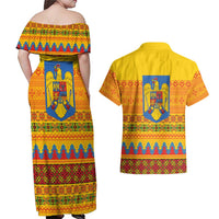 Romania Merry Christmas Couples Matching Off Shoulder Maxi Dress and Hawaiian Shirt Romania Emblem Traditional Folk Art - Wonder Print Shop
