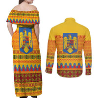 Romania Merry Christmas Couples Matching Off Shoulder Maxi Dress and Long Sleeve Button Shirt Romania Emblem Traditional Folk Art - Wonder Print Shop