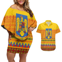 Romania Merry Christmas Couples Matching Off Shoulder Short Dress and Hawaiian Shirt Romania Emblem Traditional Folk Art - Wonder Print Shop