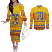 Romania Merry Christmas Couples Matching Off The Shoulder Long Sleeve Dress and Long Sleeve Button Shirt Romania Emblem Traditional Folk Art - Wonder Print Shop