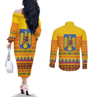 Romania Merry Christmas Couples Matching Off The Shoulder Long Sleeve Dress and Long Sleeve Button Shirt Romania Emblem Traditional Folk Art - Wonder Print Shop