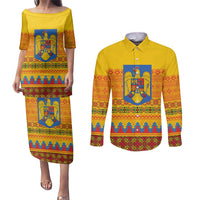 Romania Merry Christmas Couples Matching Puletasi and Long Sleeve Button Shirt Romania Emblem Traditional Folk Art - Wonder Print Shop