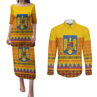 Romania Merry Christmas Couples Matching Puletasi and Long Sleeve Button Shirt Romania Emblem Traditional Folk Art - Wonder Print Shop