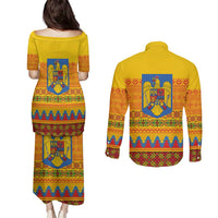Romania Merry Christmas Couples Matching Puletasi and Long Sleeve Button Shirt Romania Emblem Traditional Folk Art - Wonder Print Shop