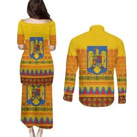 Romania Merry Christmas Couples Matching Puletasi and Long Sleeve Button Shirt Romania Emblem Traditional Folk Art - Wonder Print Shop
