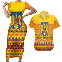 Romania Merry Christmas Couples Matching Short Sleeve Bodycon Dress and Hawaiian Shirt Romania Emblem Traditional Folk Art - Wonder Print Shop