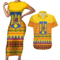 Romania Merry Christmas Couples Matching Short Sleeve Bodycon Dress and Hawaiian Shirt Romania Emblem Traditional Folk Art - Wonder Print Shop