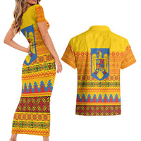 Romania Merry Christmas Couples Matching Short Sleeve Bodycon Dress and Hawaiian Shirt Romania Emblem Traditional Folk Art - Wonder Print Shop