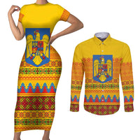 Romania Merry Christmas Couples Matching Short Sleeve Bodycon Dress and Long Sleeve Button Shirt Romania Emblem Traditional Folk Art - Wonder Print Shop