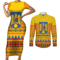 Romania Merry Christmas Couples Matching Short Sleeve Bodycon Dress and Long Sleeve Button Shirt Romania Emblem Traditional Folk Art - Wonder Print Shop