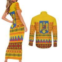 Romania Merry Christmas Couples Matching Short Sleeve Bodycon Dress and Long Sleeve Button Shirt Romania Emblem Traditional Folk Art - Wonder Print Shop