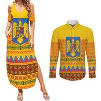 Romania Merry Christmas Couples Matching Summer Maxi Dress and Long Sleeve Button Shirt Romania Emblem Traditional Folk Art - Wonder Print Shop