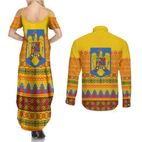 Romania Merry Christmas Couples Matching Summer Maxi Dress and Long Sleeve Button Shirt Romania Emblem Traditional Folk Art - Wonder Print Shop