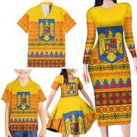 Romania Merry Christmas Family Matching Long Sleeve Bodycon Dress and Hawaiian Shirt Romania Emblem Traditional Folk Art - Wonder Print Shop