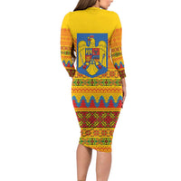 Romania Merry Christmas Family Matching Long Sleeve Bodycon Dress and Hawaiian Shirt Romania Emblem Traditional Folk Art - Wonder Print Shop