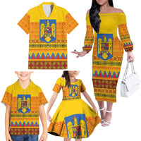 Romania Merry Christmas Family Matching Off The Shoulder Long Sleeve Dress and Hawaiian Shirt Romania Emblem Traditional Folk Art - Wonder Print Shop