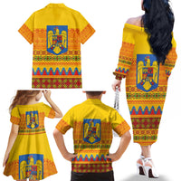 Romania Merry Christmas Family Matching Off The Shoulder Long Sleeve Dress and Hawaiian Shirt Romania Emblem Traditional Folk Art - Wonder Print Shop