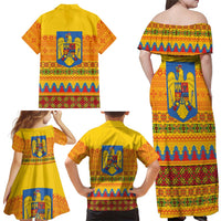 Romania Merry Christmas Family Matching Off Shoulder Maxi Dress and Hawaiian Shirt Romania Emblem Traditional Folk Art - Wonder Print Shop