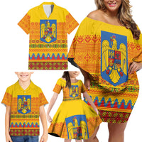 Romania Merry Christmas Family Matching Off Shoulder Short Dress and Hawaiian Shirt Romania Emblem Traditional Folk Art - Wonder Print Shop