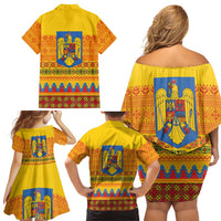 Romania Merry Christmas Family Matching Off Shoulder Short Dress and Hawaiian Shirt Romania Emblem Traditional Folk Art - Wonder Print Shop