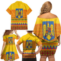 Romania Merry Christmas Family Matching Off Shoulder Short Dress and Hawaiian Shirt Romania Emblem Traditional Folk Art - Wonder Print Shop
