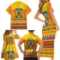 Romania Merry Christmas Family Matching Short Sleeve Bodycon Dress and Hawaiian Shirt Romania Emblem Traditional Folk Art - Wonder Print Shop