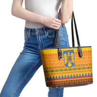Romania Merry Christmas Leather Tote Bag Romania Emblem Traditional Folk Art - Wonder Print Shop