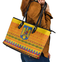 Romania Merry Christmas Leather Tote Bag Romania Emblem Traditional Folk Art - Wonder Print Shop