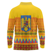 Romania Merry Christmas Long Sleeve Polo Shirt Romania Emblem Traditional Folk Art - Wonder Print Shop