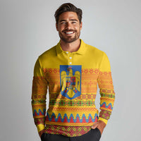 Romania Merry Christmas Long Sleeve Polo Shirt Romania Emblem Traditional Folk Art - Wonder Print Shop
