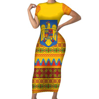 Romania Merry Christmas Short Sleeve Bodycon Dress Romania Emblem Traditional Folk Art - Wonder Print Shop