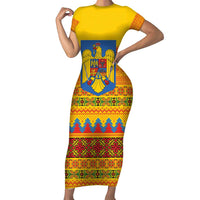 Romania Merry Christmas Short Sleeve Bodycon Dress Romania Emblem Traditional Folk Art - Wonder Print Shop