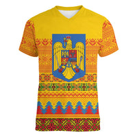 Romania Merry Christmas Women V-Neck T-Shirt Romania Emblem Traditional Folk Art - Wonder Print Shop