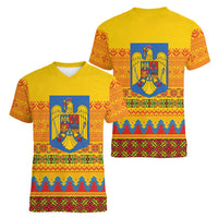 Romania Merry Christmas Women V-Neck T-Shirt Romania Emblem Traditional Folk Art - Wonder Print Shop