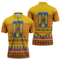 Romania Merry Christmas Zipper Polo Shirt Romania Emblem Traditional Folk Art - Wonder Print Shop