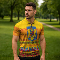 Romania Merry Christmas Zipper Polo Shirt Romania Emblem Traditional Folk Art - Wonder Print Shop
