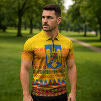Romania Merry Christmas Zipper Polo Shirt Romania Emblem Traditional Folk Art - Wonder Print Shop