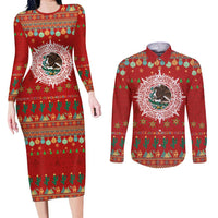 Mexico Merry Christmas Couples Matching Long Sleeve Bodycon Dress and Long Sleeve Button Shirt Mexican Cultural Emblem Xmas Style - Wonder Print Shop