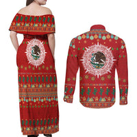 Mexico Merry Christmas Couples Matching Off Shoulder Maxi Dress and Long Sleeve Button Shirt Mexican Cultural Emblem Xmas Style - Wonder Print Shop
