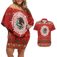 Mexico Merry Christmas Couples Matching Off Shoulder Short Dress and Hawaiian Shirt Mexican Cultural Emblem Xmas Style - Wonder Print Shop